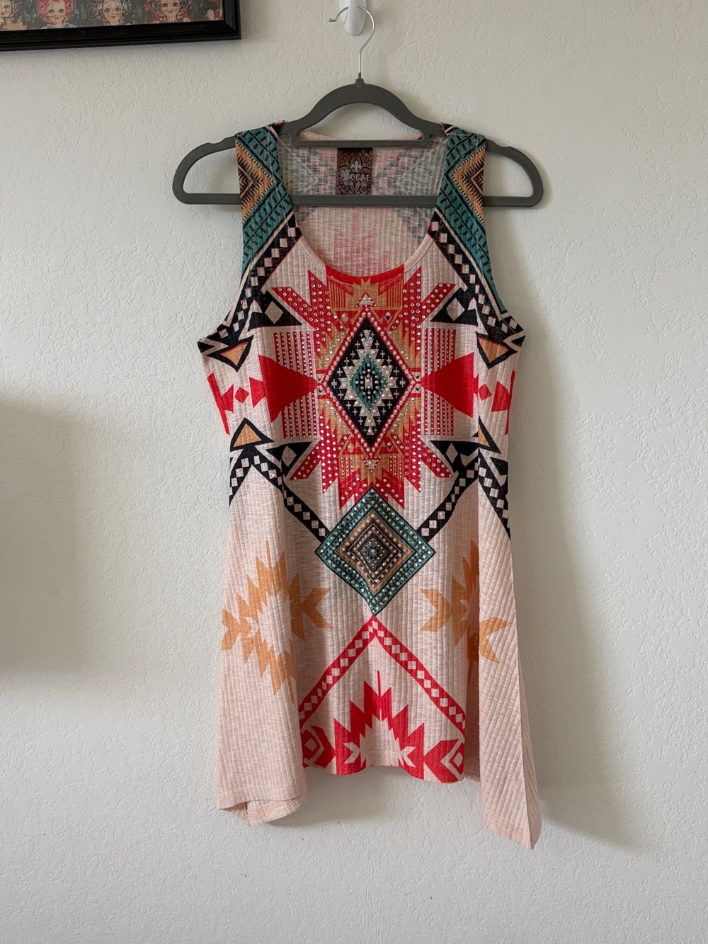 VOCAL Western Aztec Rhinestone Tunic Tank Top S Boho Cowgirl Sharkbite Hem